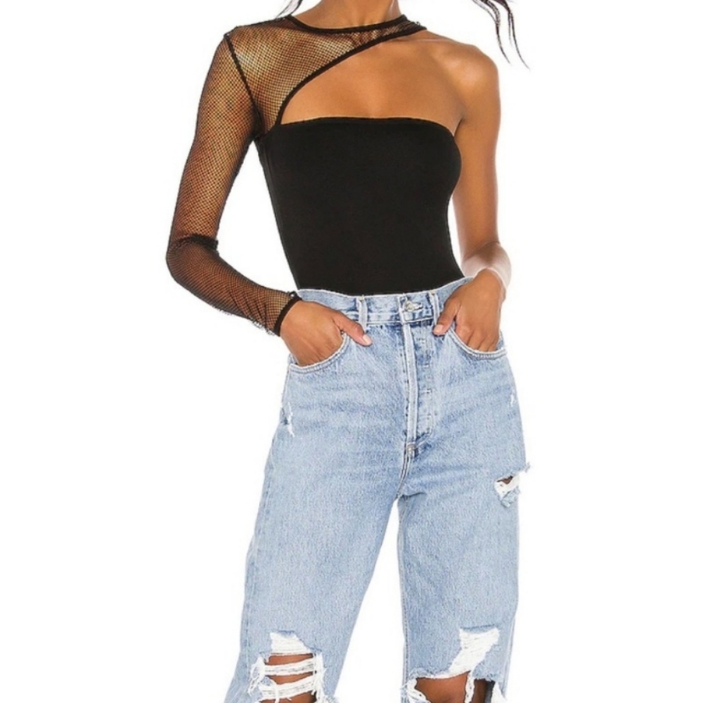 h;ours Jeffrey Bodysuit In Black One Shoulder Long Mesh Sleeve Bodysuit